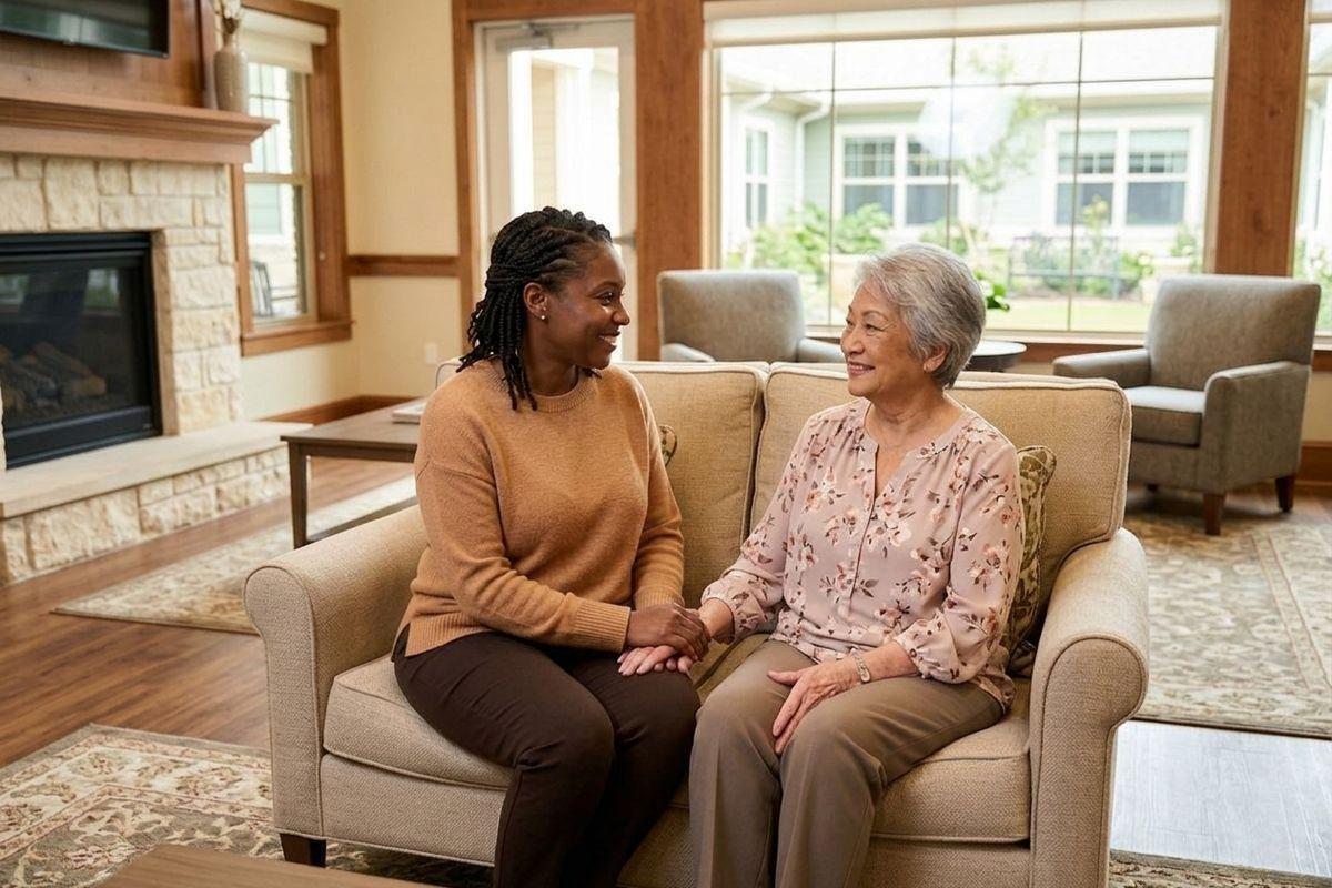 Two adults sit on a sofa holding hands and smiling at each other in a living room with a fireplace.