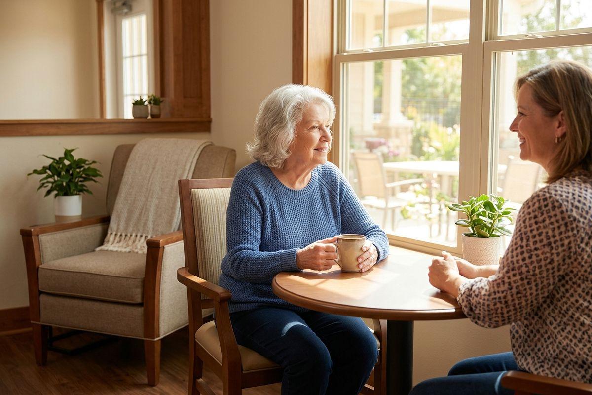 An older adult holding a mug smiling at a younger adult across a small table by a sunlit window, both enjoying coffee.
