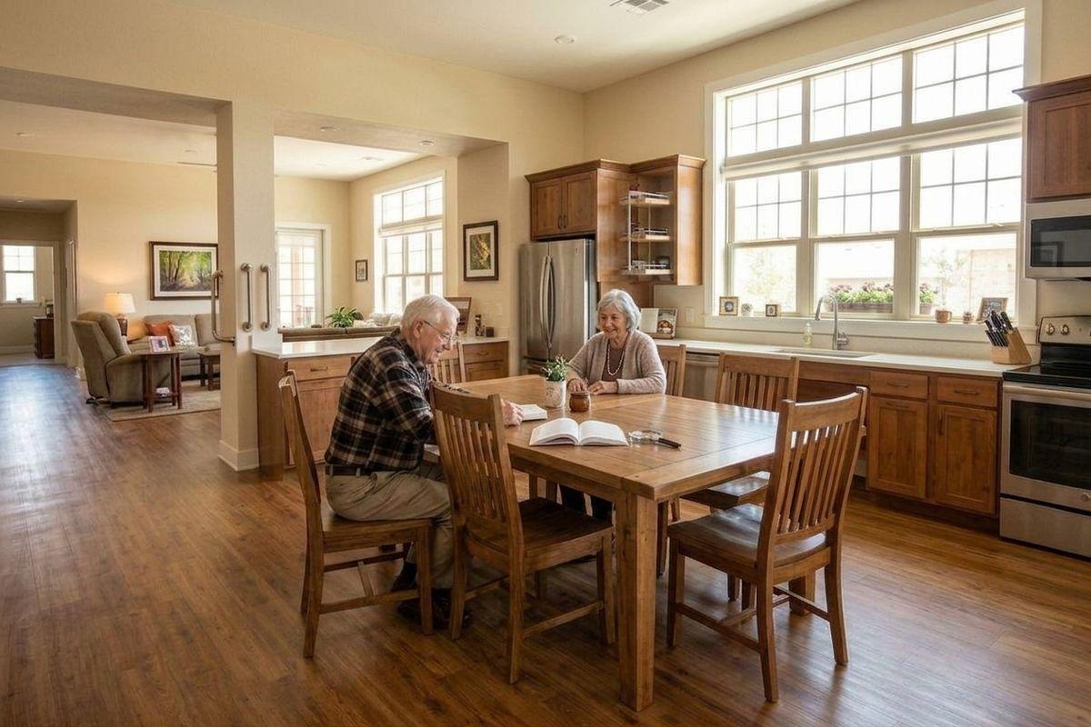 An older adult couple sit at a wooden kitchen table with an open book, smiling, in a bright open-plan home.