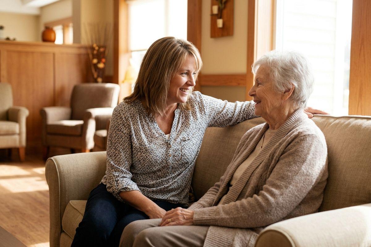 An adult family member sitting beside an older adult on a couch, smiling and holding hands in a warmly lit memory care living room.