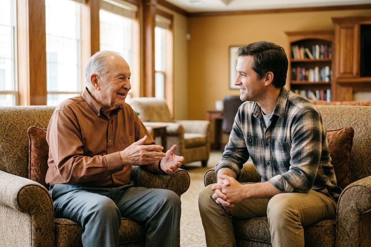 An older adult and a younger adult sit in armchairs, talking and smiling in a warmly lit room with bookshelves.