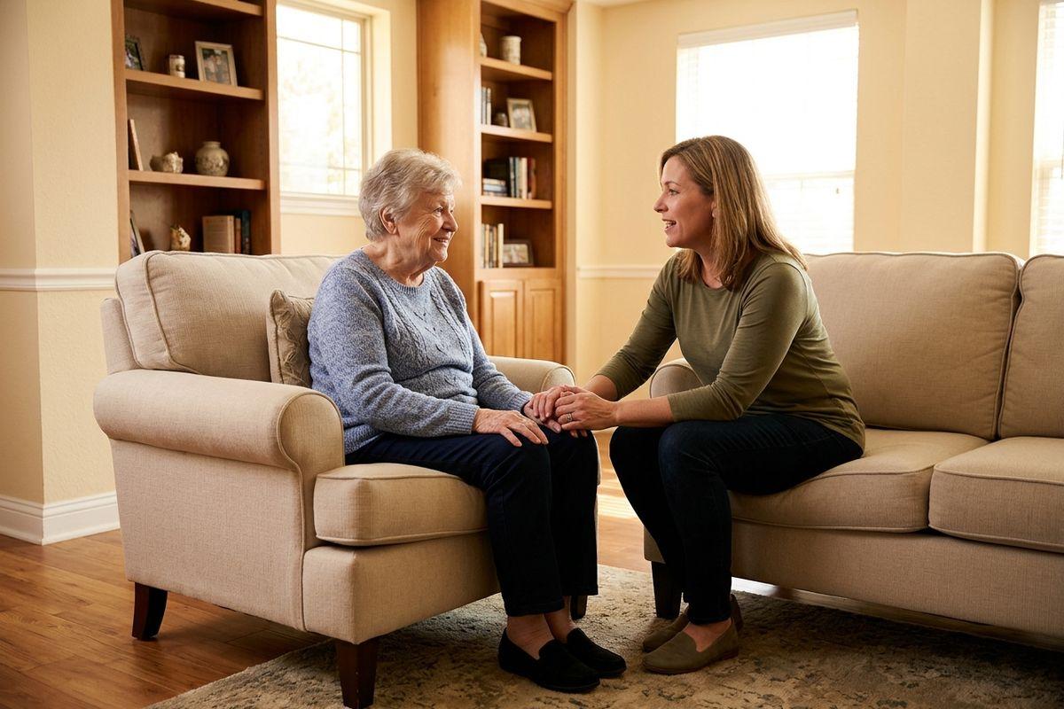 A younger adult holds their senior loved one's hands, both smiling, seated facing each other in a living room.