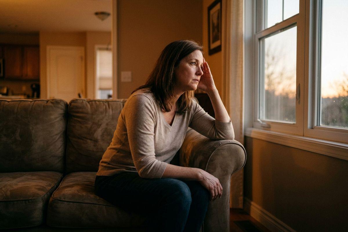 An adult sits on a couch at home, head resting on one hand, gazing out a window.