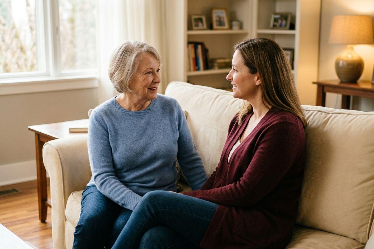 An older adult and a younger adult sit together on a couch in a living room, smiling at each other.